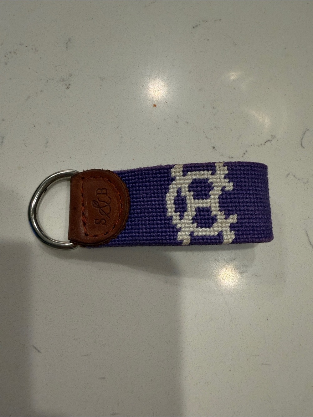 Smathers & Branson Holy Cross needlepoint keychain Purple & White Leather